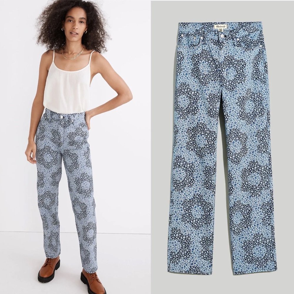 Madewell Light Blue Floral Print Straight Leg Jeans